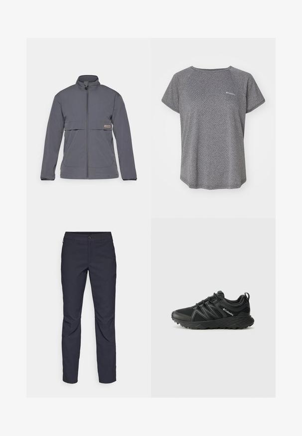 Szürke, cipzáras dzseki könnyű anyagból. Magas gallérral, elülső zsebekkel és vízszintes mellzsebbel rendelkezik, rajta logó címkével.; Szürke rövid ujjú póló, finom textúrával, kerek nyakkivágással és Columbia logóval a mellkason. Puha anyag, kényelmes fazon.; Sötétkék nadrág sima anyagból, elülső gombos záródással, slim-fit fazonnal és gyűrött részletekkel a térdeken.; Columbia PEAKFREAK - Túracipők - black