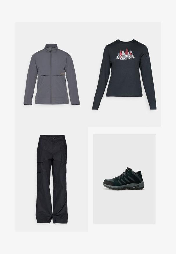 Hall täisneelatav hall jakike, mis on valmistatud kergest kangast. Omab kõrget kraed, esitaskuid ja horisontaalset rinna-taskut koos logo sildiga.; Pikend varrukatega tumehall särk, millel on punaste puude ja mägede graafika; "COLUMBIA" logo julge valge tekstiga. Pehme kangas, tavaline ümmargune kaelus.; Columbia BREA FALLS™ COTTON RIPSTOP PANT - Õuepüksid - black; Columbia REDMOND - Matkajalatsid - black/citron haze