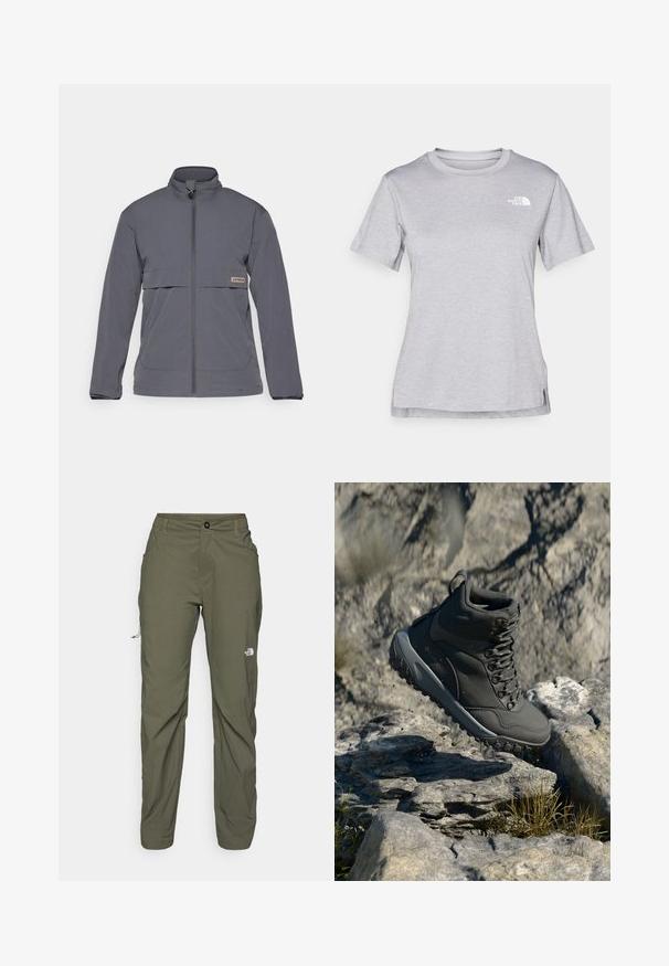 Gray zip-up jacket made of lightweight fabric. Features a high collar, front pockets, and a horizontal chest pocket with a logo tag.; Grey short-sleeve t-shirt made of soft, moisture-wicking fabric. Features a crew neck and a small white logo on the upper left.; The North Face EXPLORATION PANTS - Outdoor trousers - new taupe green; Dark gray hiking boot made of synthetic material, featuring a padded collar, metal eyelets, and textured rubber sole for traction.