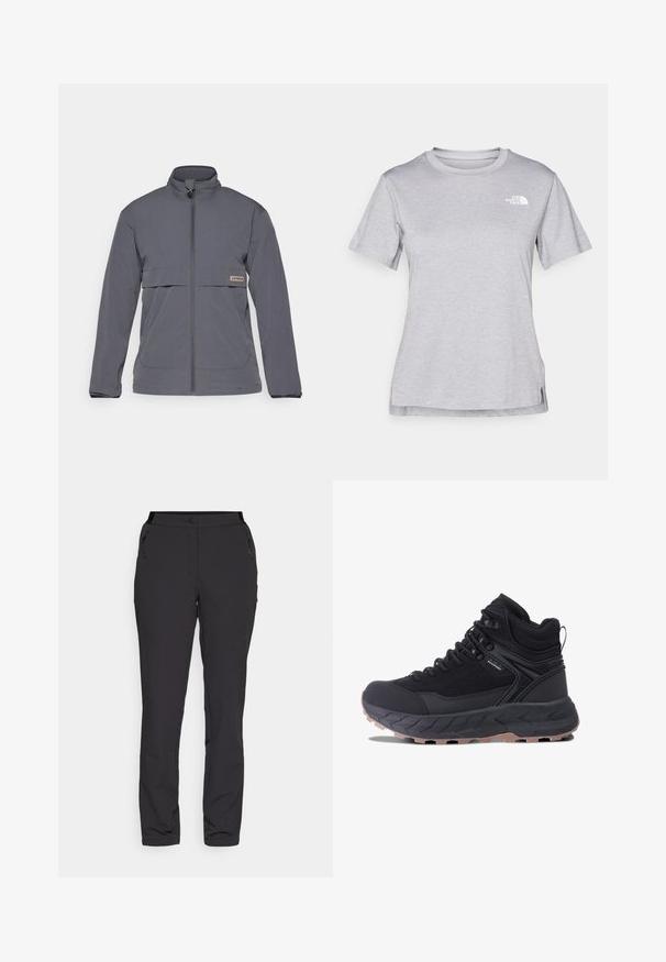 Harmaa vetoketjullinen takki, joka on valmistettu kevyestä kankaasta. Siinä on korkea kaulus, etupainot ja va Horizontal-rinnatasku, jossa on logotagi.; Harmaa lyhythihainen t-paita, joka on valmistettu pehmeästä, kosteutta siirtävästä kankaasta. Siinä on pyöreä kaula-aukko ja pieni valkoinen logo vasemmassa yläkulmassa.; Musta ulkoiluhousut, jotka on valmistettu kevyestä kankaasta, sisältävät suorat lahkeet, vetoketjulliset sivutaskut ja säädettävän vyötärön.; Musta korkeavartinen lenkkari, joka on vedenpitävässä suunnittelussa, pehmustetulla kauluksella, ulkonevilla nauhoilla ja tekstuurilla varustetulla ulkopohjalla pidon parantamiseksi.