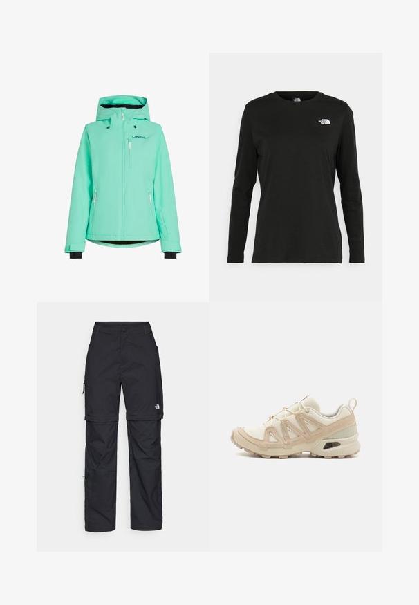 Lichtturquoise waterdichte jas met een capuchon, ritssluitingen aan de zakken, zwarte binnenvoering en een logo bedrukt op de voorkant.; Zwart langsluiting T-shirt van katoen met een ronde hals. Heeft een klein wit logo op de linkerkant van de borst. Eenvoudig ontwerp en pasvorm.; Zwarte nylon cargo broek met afneembare pijpen, verstelbare manchetten, meerdere zakken en een logo op het rechterbeen. Gladde, lichte textuur.; Beige en crème sportschoen met een textuur-mesh bovenwerk, ondersteunende overlays en een rubberen zool met een profielpatroon voor grip.
