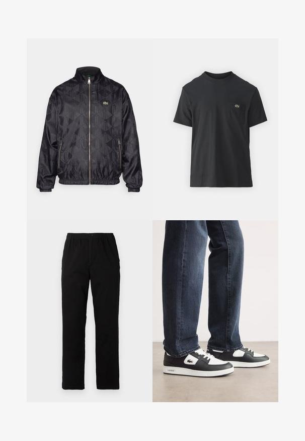 Μαύρο bomber μπουφάν με γεωμετρικό σχέδιο, φερμουάρ μπροστά, όρθιο γιακά, ελαστικές μανσέτες και πράσινο λογότυπο Lacoste. Λείο, ελαφρύ ύφασμα.; Μαύρο βαμβακερό t-shirt με κοντά μανίκια, στρογγυλή λαιμόκοψη και μικρό πράσινο λογότυπο στην αριστερή τσέπη του στήθους. Απλός σχεδιασμός, κανονική εφαρμογή.; Μαύρο παντελόνι από ύφασμα με βαμβακερό μίγμα, με ίσια γραμμή, ελαστική μέση με κουμπί και χωρίς ορατά σχέδια ή διακοσμητικά.; Μαύρα και άσπρα αθλητικά Lacoste με υφή δέρματος στην πάνω πλευρά, με σχέδιο που δένει με κορδόνια και άσπρη καουτσούκ σόλα. Φορεμένα με σκούρα τζιν.