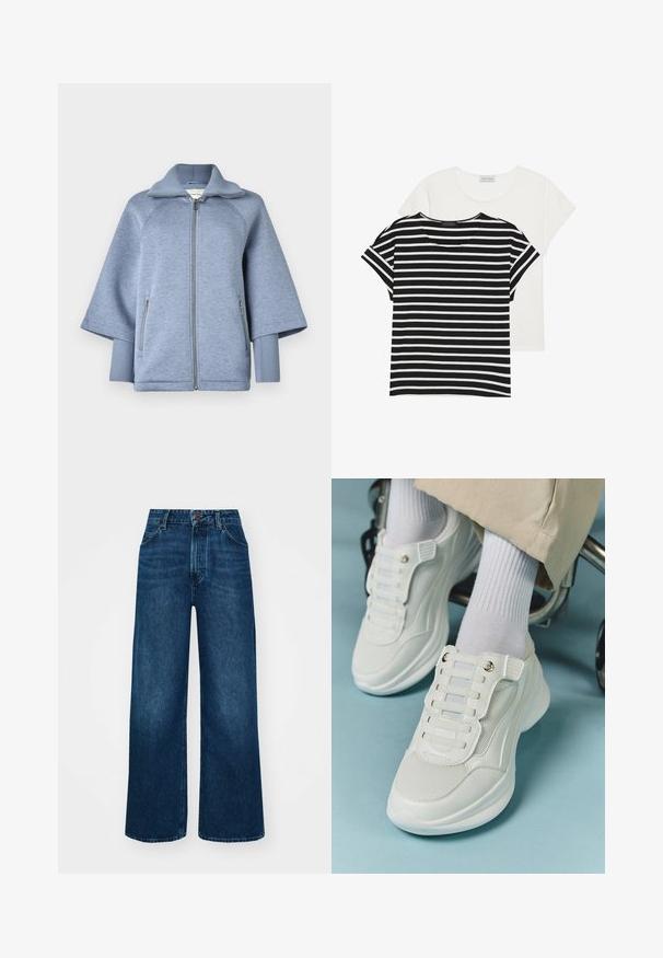 Blå hettegenserjakke laget av mykt stoff, med høy krage, glidelås foran og ribbestrikkede mansjetter, samt sidelommer.; To t-skjorter: en svart-hvitt stripete med korte ermer, og en ensfarget hvit, begge med rund hals og en avslappet passform.; Høyt liv, vide jeans i mørk blå denim med en jevn tekstur, kontrastsøm og fem-lommers design. Frontlukkning med knapp.; Hvite sneakers med mesh-materiale, gummisåle, snøret design uten laces og elastiske bånd, samt gulltone detaljer.