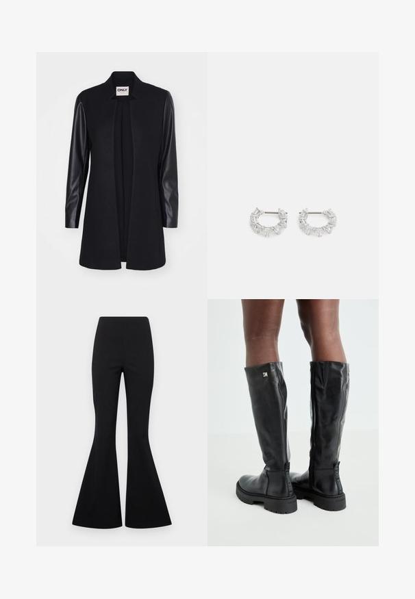 Črna jakna z gladko teksturo, ki ima tkaninske rokave in prilagojen, odprt sprednji dizajn. Minimalističen slog, brez zapirala.; Svetlo sivi skrajšani pleteni pulover z črno-belimi cvetličnimi vzorci, okroglim izrezom in rebrastimi hlačami. Mehka tekstura, sproščen dizajn.; Črne široke hlače iz elastičnega materiala z gladko teksturo, z visokim pasom in širokimi nogavicami v stilu klina.; Črne usnjene škornje do kolen z gladko teksturo, zaobljenim nosom, debelim podplatom in zadrgo. Imajo srebrni logo na strani.; Srebrni obročasti uhani, ki vsebujejo prozorne, pravokotne in trikotne kristale, razporejene v vzorčnem dizajnu. Imajo nastavke za varno pritrjevanje.