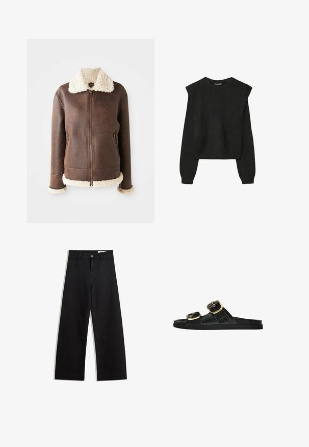 Hnedá kožená bunda s krémovým ovčím límcom a manžetami. Obsahuje predný zips a dve bočné vrecká. Celkový vzhľad s opotrebovanou textúrou.; Čierny pletený sveter s dlhými rukávmi, vycpanými ramenami a rebrovanými nápletmi a spodným okrajom, zobrazený na bielom pozadí.; Čierne denimové nohavice s širokými nohavicami a vysokým pásom, so prednými a zadnými vreckami, šitými švami a zapínaním na gombík. Hladká textúra.; Čierne šľapky s dvoma zlatými prackami, hladký textúrovaný materiál, plochá podrážka a minimalistický dizajn.