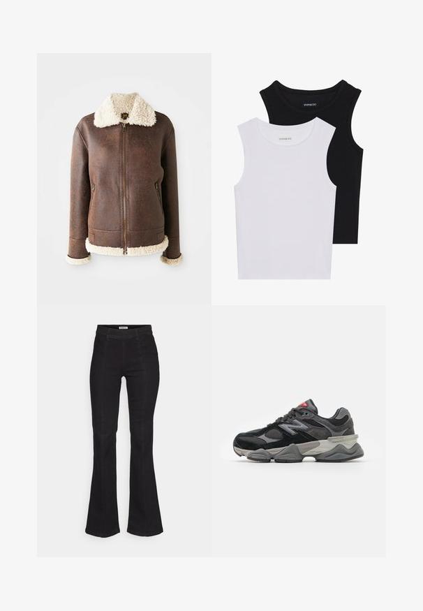 Brūna ādas jaka ar krēmīgu aitas vilnas apkakli un aprocēm. Iekļauj priekšējo rāvējslēdzēju un divas sānu kabatas. Ar nolietotu tekstūru visā virsmā.; Divas bez piedurknēm melnbaltā krāsā, izgatavotas no ribotu kokvilnas, ar apaļām kakla izgriezumiem un pieguļošu dizainu. Uz abām ir redzami etiķetes.; Melni zvīņveida džinsi, kas izgatavoti no denima, ar augstu jostasvietu, smalku priekšējo šuvju detaļām un klasisku piecu kabatu dizainu.; Melna un pelēka sporta apavi ar suede un sieta materiālu kombināciju, bieza zole, izteikts logs un sarkana akcents uz mēles.