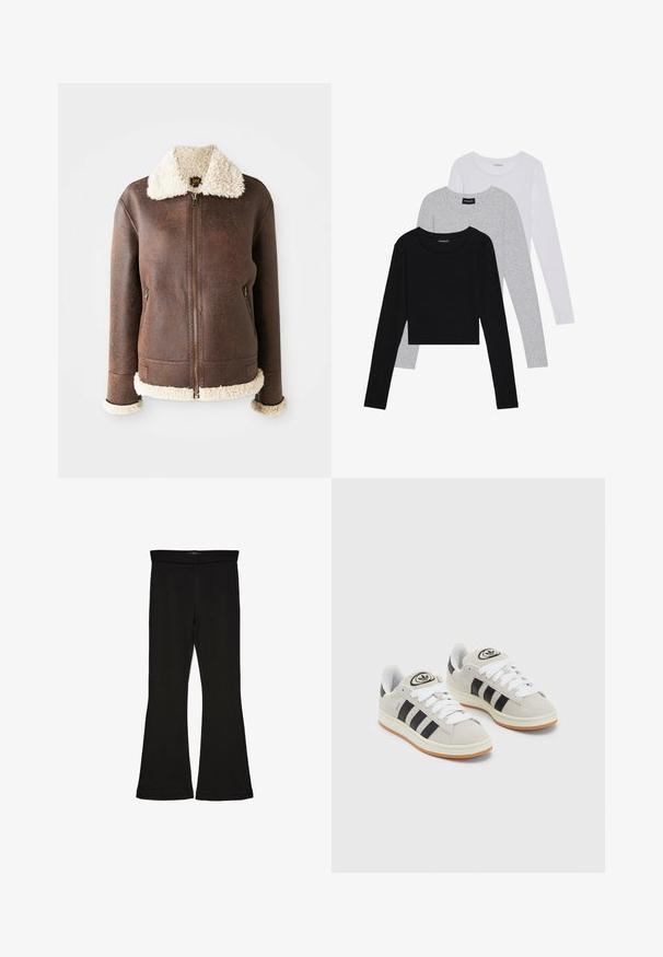 Hnědá kožená bunda s krémovým beránkovým límcem a manžetami. Obsahuje přední zip a dvě boční kapsy. Má opotřebovaný vzhled.; Tři trička s dlouhým rukávem naskládaná na sobě: černé, šedé a bílé. Každé má kulatý výstřih a kratší střih z hladkého, lehkého materiálu.; Černé legíny s rozšířením vyrobené z elastického materiálu. Mají široký pás a hladkou strukturu, s přiléhavým střihem, který se na lemu rozšiřuje.; Šedé semišové tenisky s bílými tkaničkami, černými pruhy a bílou gumovou podrážkou. Mají kulaté logo na jazyku a gumovou podrážku.