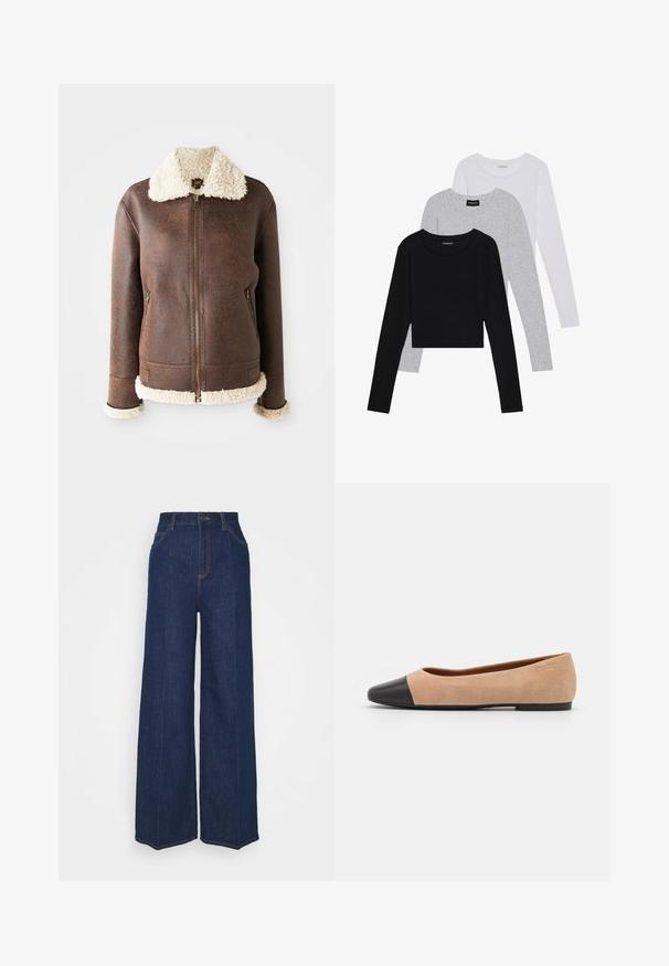 Bruine lederen jas met een romige shearlingschouder en -manchetten. Voorzien van een frontale rits en twee zijzakken. Versleten textuur overal.; Drie langmouwige tops gestapeld: zwart, grijs en wit. Elke top heeft een ronde halslijn en een cropped ontwerp van soepel, lichtgewicht materiaal.; Hoge taille wijdvallende donkerblauwe denim jeans met voor- en achterzakken, knoopsluiting en zichtbare stikseldetails.; Beige suède ballet flats met een zwarte leren ronde neuskap, lage hak en een gladde textuur, met minimale stiksels en een schone uitstraling.