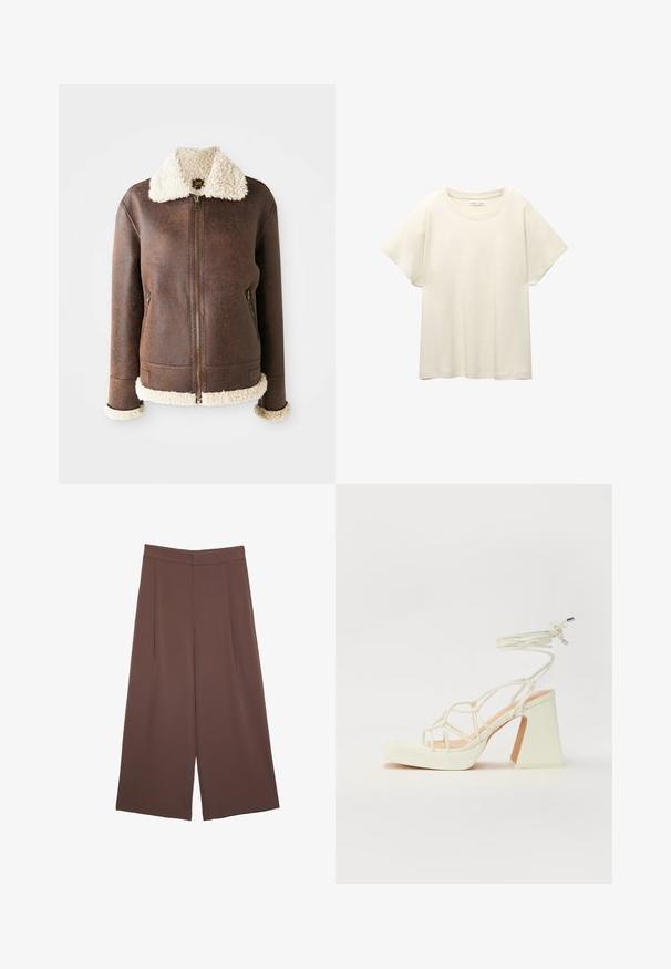 Rjava usnjena jakna s kremastim ovčjim krznom na ovratniku in manšetah. Ima sprednji zadrgo in dva stranska žepa. Po celotni površini je z raztrgano teksturo.; Svetlo bež kratkosleeven majica s okroglim ovratnikom, izdelana iz mehke, gladke tkanine. Ima sproščen kroj in raven rob.; Rjave široke hlače z gladko teksturo, ki imajo visok pas in sprednje naborke. Tkanina je lahka in prosto pada.; Bela sandala na visokih petah s debelim petam, ki ima obliko trakcev in vezanje okoli gležnja. Gladka tekstura z platformo spredaj za dodatno višino.