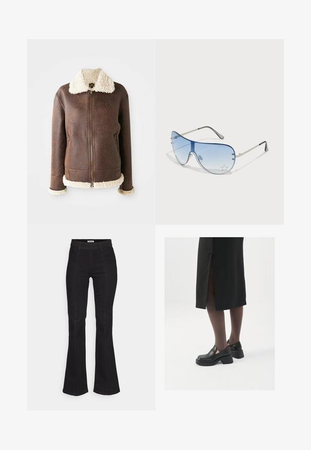 Brun läderjacka med en krämfärgad shearlingkrage och manschetter. Har framfickor med dragkedja och två sidofickor. Sliten textur genom hela jackan.; Två v-ringade t-shirts: en i klar röd och den andra i mörkgrå. Tillverkade av mjuk bomull med korta ärmar och en figurnära design.; Svarta utsvängda jeans i denim, med hög midja, subtila sömdetaljer fram och en klassisk femfickdesign.; Svarta läderskor med rund tå, tjock klack utan häl och elastiska sidodetaljer, kombinerat med mörka strumpbyxor och en svart kjol med slits.; Pilotglasögon med gradientblå linser, silverfärgad metallram och dekorativa stjärnaccenter på linserna. Snygg och elegant design.