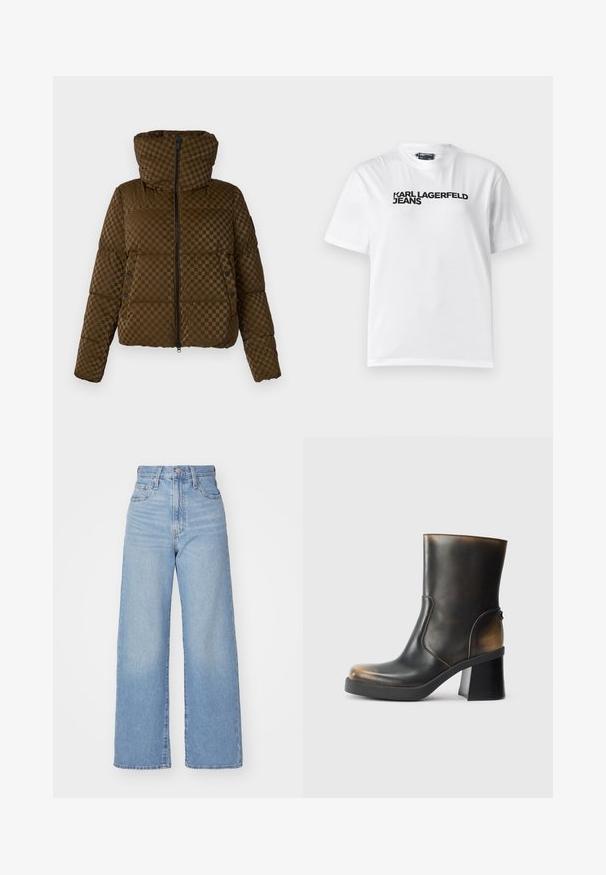Pruun puffer-jakk, millel on ruuduline muster, lukuga esilukk ja kapuuts. Küljed on varustatud klõpsenuppudega ja tekstuuriga kangas.; Valge puuvillane t-särk ümarate kaelustega, lühikeste varrukatega ja musta tekstiga, mis ütleb "KARL LAGERFELD JEANS", mis on prinditud rinna piirkonnas.; Heledad sinine kõrge vöökohaga laiad teksad, ees nupp ja tõmblukk, ees ja taga taskud, valge tausta peal.; Mustast nahkasaapast, millel on läikiv viimistlus, ümar nina, kontrastsed beežid aktsendid, plokknina ja külgsiip.