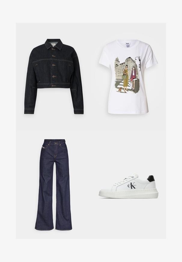 Chaqueta corta de denim oscuro con cierre de botones, mangas largas, dos bolsillos laterales y detalle de costuras en contraste. Diseño clásico con cuello.; Camiseta de algodón blanca con una ilustración impresa de dos mujeres con estilos de moda urbana, un perro en un paso de peatones y edificios de la ciudad.; Vaqueros de pierna ancha de color azul oscuro, fabricados en denim, con cintura alta, costuras naranjas, diseño de cinco bolsillos y cierre de botón.; Zapatilla baja blanca con talón negro, suela de plataforma, cordones y logotipo "CK" de Calvin Klein en el lado.
