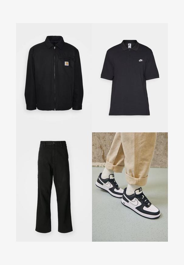 Carhartt WIP MADERA JACKET - Light jacket - black/white; Black polo shirt made of cotton, featuring a two-button placket, short sleeves, and a white Nike logo on the left chest.; Black straight-leg jeans with button closure, belt loops, and front pockets on a plain white background.; Black and white Nike Air Force 1 sneakers with a leather upper, perforated toe, and textured sole detail, worn with rolled beige pants and white socks.