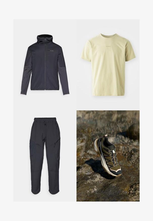 Jachetă pentru bărbați de culoare gri închis, cu fermoar în față, guler înalt, mâneci lungi și buzunare laterale. Fabricată dintr-un material neted și ușor.; Salomon TRACKLINE TEE - Bluză sport - gray green; Pantaloni cargo negri, fabricați dintr-un material ușor și rezistent la apă; au o talie elastică, mai multe buzunare cu fermoar și picioare tapered.; Ghete de drumeție în verde măsliniu și negru cu accente roz. Caracteristici: un material texturat în partea superioară, o talpă flexibilă, o vârful întărit și un sistem de șireturi colorate.