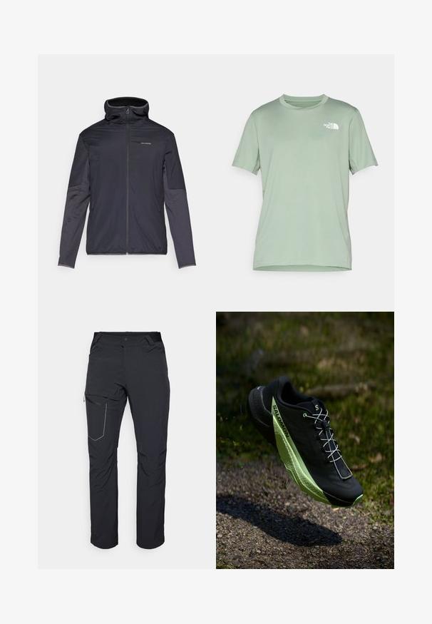 Meeste tumehall jakk, millel on tõmblukk, kõrge krae, pikad varrukad ja küljetaskud. Valmistatud sujuvast ja kerge materjalist.; Hele roheline lühikeste varrukatega T-särk, mis on valmistatud pehmest kangast; esiküljel vasakus ülanurgas on valge logo; ümmargune krae.; Mustad musta värvi välispüksid, millel on tõmblukuga reiepocket, elastne vöökoht ja sile, veekindel kangas. Puhas disain ilma nähtavate logodeta.; Mustad must jooksujalats musta värviga, millel on tekstuuriga pind ja rohelised detailid. Omab kerget disaini ja unikaalset mustrit põrandal, mis tagab haarde.