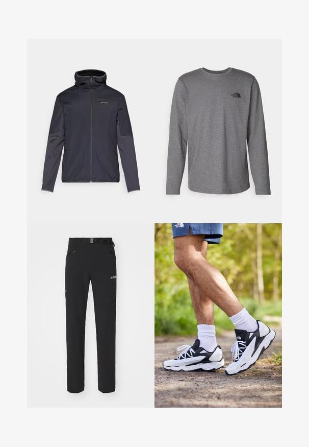 Giacca da uomo in grigio scuro, con zip frontale, colletto alto, maniche lunghe e tasche laterali. Realizzata in materiale leggero e liscio.; The North Face M L/S SIMPLE DOME TEE - Maglietta a manica lunga - medium grey heather; Pantaloni outdoor neri con tessuto liscio, tasche laterali con zip, sezioni delle ginocchia rinforzate e una cintura regolabile con fibbia.; Scarpe sportive in bianco e nero con tomaia in rete, dettagli testurizzati e lacci bianchi. Indossate con calzini bianchi alla caviglia e pantaloni corti blu navy su un sentiero.
