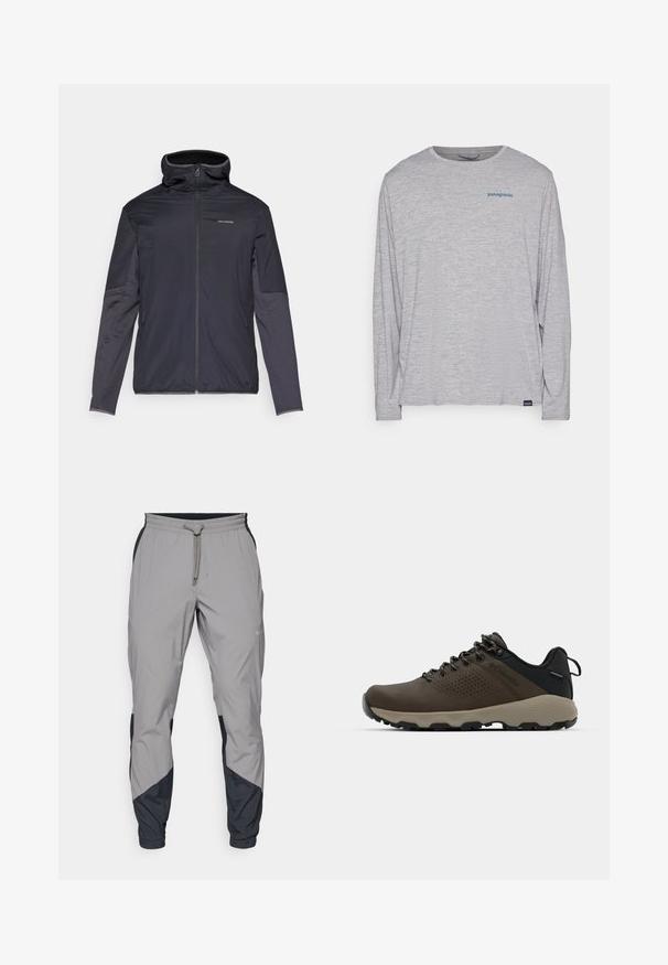 Muška jakna u tamno sivoj boji, s prednjim zatvaračem, visokim ovratnikom, dugim rukavima i bočnim dzepovima. Izrađeno od glatkog, laganog materijala.; Svijetlosivi dugi rukav majica od mekanog, teksturiranog materijala. Ima okrugli izrez i mali plavi Patagonia logo na prsima.; Lagane, sive atletske hlače s crnim akcentima. Elastični pojas, zatvaranje na vezicu, dizajn suženih nogavica i bočne džepove.; Smeđe vodootporne tenisice s teksturiranom gornjom i perforiranim detaljima, crnom potporom za petu i sivim gumiranim potplatom. Čipke su stilizirane s metalnim krajevima.