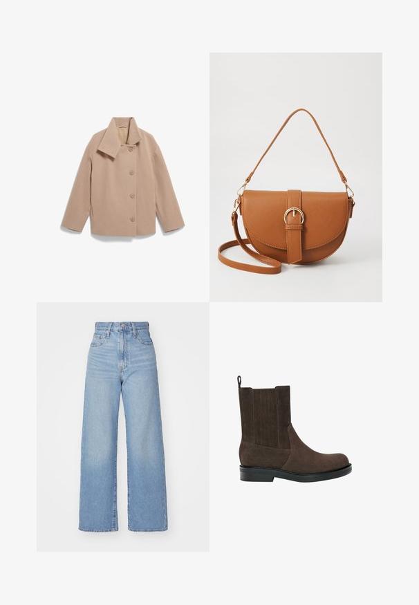 Beige wollen blazer met een brede kraag, sluiting met knopen aan de voorkant en lange mouwen. Heeft een boxy silhouet en zachte textuur.; Bruine hoodie gemaakt van zachte stof, met een grote capuchon, een voorkeurszak en ribbelmanchetten en -zoom. Eenvoudig, casual ontwerp zonder patronen.; Lichtblauwe high-waist wijde jeans met een knoop- en ritssluiting aan de voorkant, voor- en achterzakken, op een witte achtergrond.; Bruine suède enkellaarsjes met een ronde neus, elastische zijpanelen en een gestructureerde achterkant. Voorzien van een platte rubberen zool en een trekhaak.; Bruine leren schoudertas met een gebogen vorm, gouden hardware en een gespaccent. Bevat een afneembare schouderriem.
