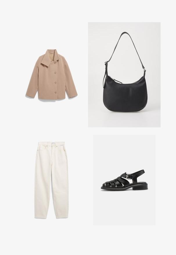 Beige wollen blazer met een brede kraag, sluiting met knopen aan de voorkant en lange mouwen. Heeft een boxy silhouet en zachte textuur.; Donkergroen gebreide trui met een ronde halslijn en lange mouwen. Heeft een gestructureerde stof en een klein label op de onderrand van de linkermouw.; Bruine polo met korte mouwen, gemaakt van ribbelstof, met een kraag en een knoopsluiting met drie knopen. Heeft een effen kleur en een relaxte pasvorm.; Crème-kleurige denim jeans met een losse pasvorm, vijf zakken, koperen hardware en ton-sur-ton stiksels. Voorzien van een knoopsluiting en riemlussen.; Zwarte leren sandalen met een gestructureerd ontwerp, open teen en enkelgesp. Kenmerken een lage blokhak en een gladde, matte textuur.; Zwarte leren schoudertas met een gebogen vorm, ritssluiting en verstelbare band. Heeft nu ook reliëfbranding aan de voorkant.
