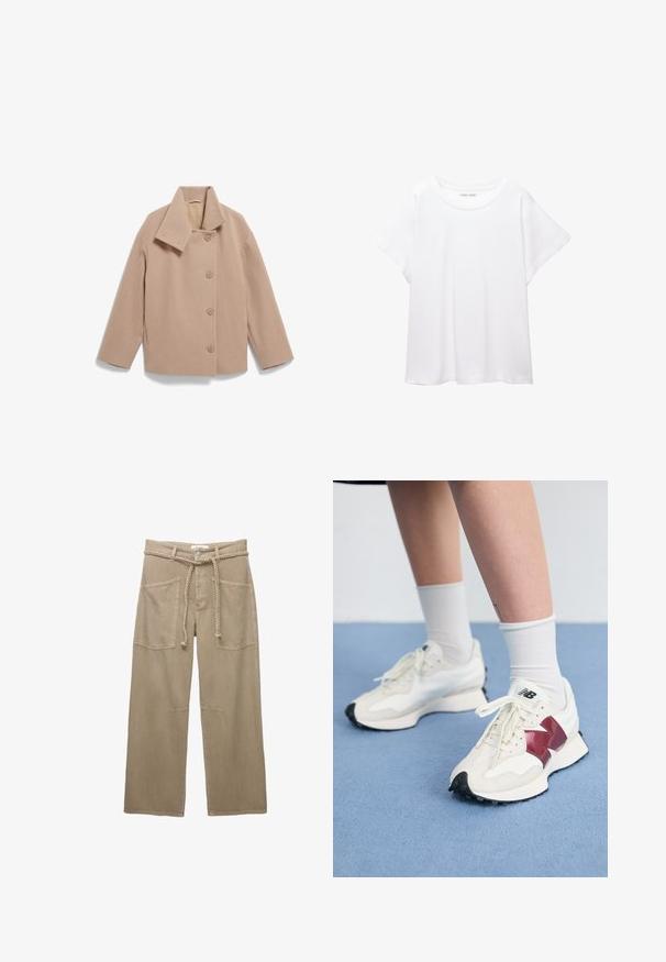 Giacca in misto lana beige con ampio colletto, chiusura frontale con bottoni e maniche lunghe. Presenta una silhouette squadrata e una consistenza morbida.; T-shirt bianco realizzato in un tessuto morbido e leggero. Presenta un collo rotondo e maniche corte e larghe con vestibilità morbida. Nessun motivo visibile.; Pantaloni beige a gamba larga realizzati in un tessuto resistente, con ampi tasconi frontali, una cintura intrecciata e dettagli di cucitura sottili.; Paio di sneakers bianche con accenti bordeaux, pannelli testurizzati, suola piatta nera e lacci leggeri, indossati con calzini bianchi alla caviglia.