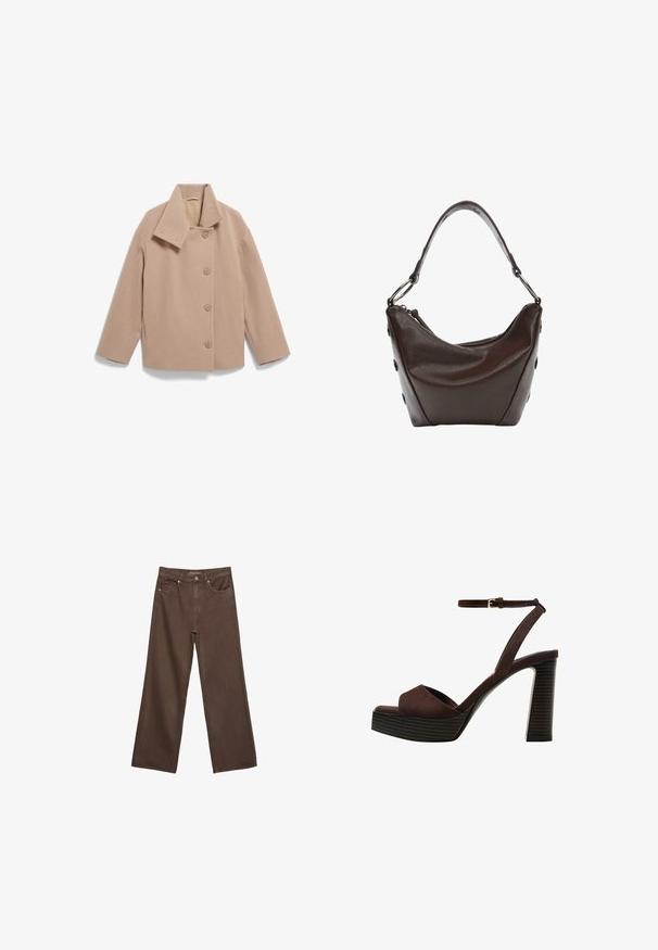 Beige wool-blend jacket with a wide collar, front button closure, and long sleeves. Features a boxy silhouette and soft texture.; Brown short-sleeve t-shirt made of soft fabric, with a round neckline and relaxed fit. No visible patterns or accents.; Wide-leg brown jeans made of denim, featuring a high waist, front pockets, and a classic button closure. Smooth texture with subtle stitching.; Brown suede high-heeled sandal with an open toe, adjustable ankle strap, and a striped platform sole.; Dark brown leather handbag with a curved shape, zip closure, and a short handle. Features metal hardware and decorative black buttons on the side.