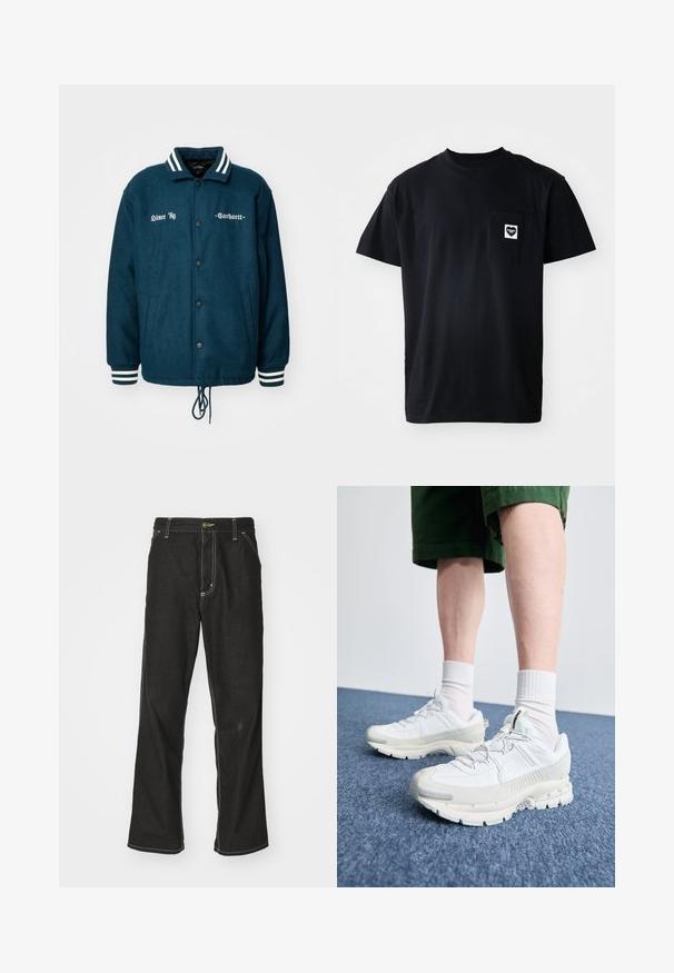 Jachetă din lână verde închis cu guler și manșete cu dungi albe, închidere cu buttoni, două buzunare laterale și broderie de text pe față.; Tricou negru din bumbac cu guler rotund, mâneci scurte și un buzunar pe pieptul stâng, având un logo în formă de inimă de culoare albă.; Jeans negri din denim, cu o croială largă, cu cusături albe contrastante, închidere cu nasture și un design cu picior drept.; Pantofi sport albi cu suprapuneri texturate, talpă masivă și accente gri. Purtați cu șosete albe până la glezne și pantaloni scurți verzi pe o suprafață albastră.