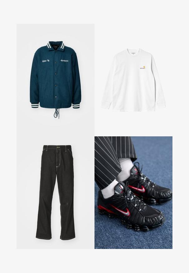 Mørkegrøn uldjakke med hvidstribede krave og manchetter, knaplukning, to sidelommer og tekstbroderi på forsiden.; Langærmet hvid bomulds T-shirt med rund hals, prydet med et lille gult og burgunder logo på venstre bryst. Uden sømme ved ærmerne og kanten.; Sorte denimjeans med løs pasform, der har kontrasterende hvid syning, en knaplukning og et lige ben-design.; Sorte sportsko med røde og sølvfarvede accenter, mesh og teksturerede syntetiske materialer, snørret design og synlig dæmpningssål.