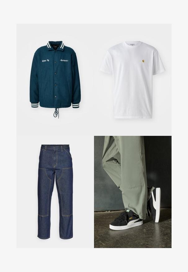 Dunkelgrüne Wolljacke mit einem weißen gestreiften Kragen und Bündchen, Knopfverschluss, zwei Seitentaschen und textlicher Stickerei auf der Vorderseite.; Weißes Baumwoll-T-Shirt mit kurzen Ärmeln, Rundhalsausschnitt, mit einem kleinen goldenen Logo im linken Brustbereich. Weicher Stoff und normale Passform.; Dunkelblaue Jeans aus Denim mit hoher Taille, geradem Bein-Design, kontrastierenden Nähten und aufgesetzten Taschen auf der Vorderseite.; Schwarze Wildleder-Sneaker mit weißen Gummisohlen und seitlichen Streifen, kombiniert mit hellgrünen Cargo-Hosen, stehen auf einer strukturierten dunklen Oberfläche.