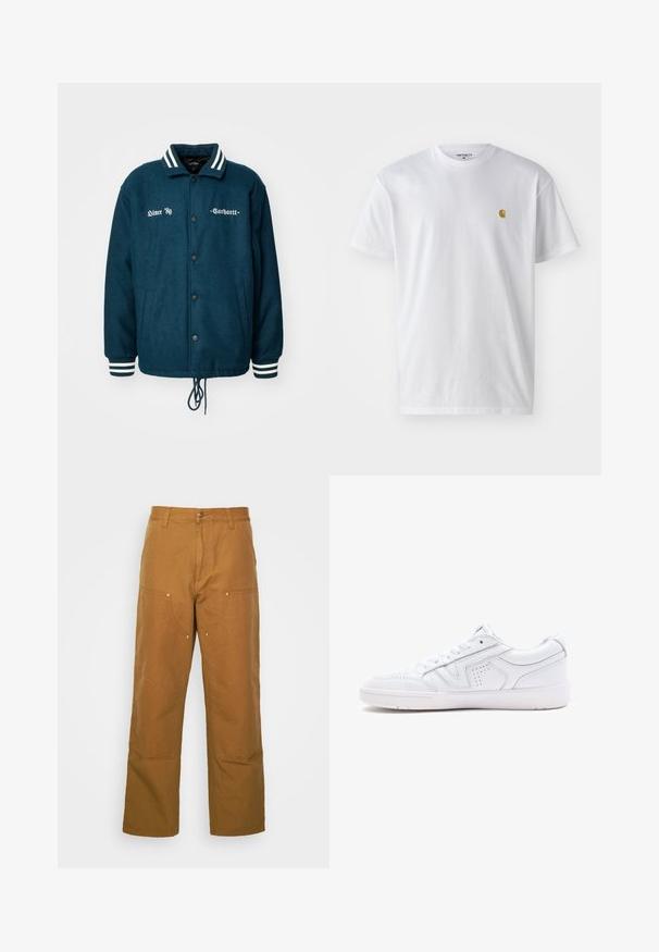 Mørkegrøn uldjakke med hvidstribede krave og manchetter, knaplukning, to sidelommer og tekstbroderi på forsiden.; Hvid bomulds t-shirt med korte ærmer, rund hals og et lille guld logo på venstre brystområde. Blød tekstur og almindelig pasform.; Brune bomuldsarbejdsbukser med lige ben-design, der har frontlommer og metalhardware detaljer for ekstra holdbarhed.; Hvide lædersneakers med lavt design, rund tå, perforerede detaljer og en tekstureret sål. Snørebånd og subtile stikninger er inkluderet.