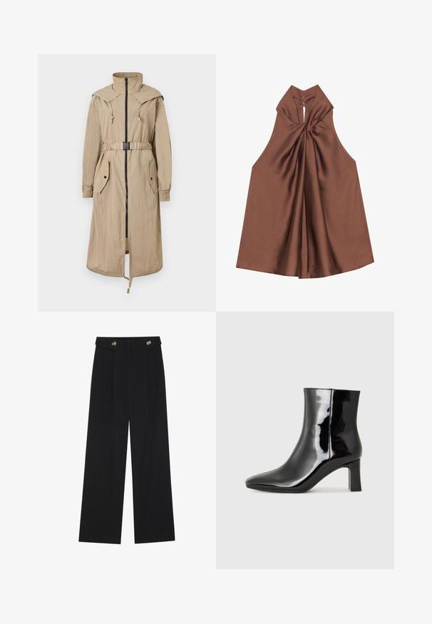 Trench-coat beige à capuche avec fermeture éclair à l'avant, taille cintrée, deux poches plaquées et poignets élastiques. Fabriqué en tissu léger et froissé.; Haut sans manches marron avec un col haut, tissu drapé et ouverture en goutte au dos, fabriqué en matière lisse et brillante.; Pantalons larges noirs à taille haute, avec des détails de boutons à la taille et des plis sur le devant.; Bottines en cuir verni noir avec un bout pointu et un talon block de hauteur moyenne. Texture lisse et design minimaliste.