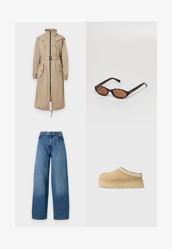 Béžový trench coat s kapucí, který má přední zip, stahovací pas, dvě náprsní kapsy a elastické manžety. Vyrobeno z lehkého, zvrásněného materiálu.; Dvě jednoduché bílé trička s dlouhým rukávem a kulatým výstřihem, navrstvené jedno mírně před druhým na bílém pozadí.; Široké modré denimové džíny s klasickým pětipocket designem. Mají zapínání na knoflík a světlé ošoupání pro texturu.; Světlé semišové nazouvací boty s polstrovaným límcem a texturovaným světle modrým akcentem. Vybaveny silnou, odolnou podrážkou s vzorovaným profilem.; Skořicové oválné sluneční brýle s hnědými skly, nakloněné tak, aby bylo vidět logo "QUAY" na pravém ramenu na jednobodovém pozadí.; Tyrkysová hobo taška z tmavě hnědého nubuku se širokým nastavitelným koženým popruhem a měkkým, uvolněným tělem na bílém pozadí.