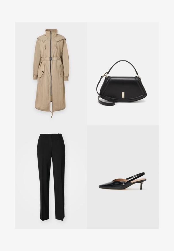 Bežinis gaubtas paltas su priekiniais užtrauktukais, su prisiūta liemenį, dviem kišenėmis ir elastiniais rankogaliais. Pagamintas iš lengvos, raukšlėtos medžiagos.; Juodas medvilninis marškinėliai su apvalia iškirpte, trumpomis rankovėmis ir siuvinėjimu ant krūtinės. Paprastas, laisvas siluetas be raštų.; Juodi pritaikyti kelnių modeliai su tiesiomis kojomis, pasižyminčios lygiomis tekstūromis ir ryškiomis klostėmis priekyje. Nėra matomų detalių.; Juodas patentuotas odinis slingback batelis su smailiu nosimi, mažu kulniuku ir išpjovimais ant priekinės dalies. Auksinės spalvos detalės ant šono.; Juoda odinė rankinė su struktūrizuotu dizainu, turi trumpą formą, viršutinę rankeną ir auksinius akcentus. Pridėtas reguliuojamas peties diržas.