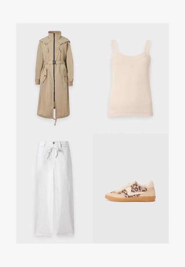Trench coat bej cu glugă, dotat cu fermoar frontal, talie strânsă, două buzunare aplicate și manșete elastice. Fabricat dintr-un material ușor, neuniform.; Top de trening bej, cu benzi subțiri și decupaj rotund. Are un logo cusut pe față. Textură fină, design ajustat.; Pantaloni albi, cu picioare largi, din bumbac. Prezintă un șir de legare la talie și un închizător cu nasture. Textură netedă, cu un design minimalist.; Tenisi cu imprimeu de leopard, cu partea superioară din suede bej, talpă din cauciuc maro și accente albe. Vârf rotund și design cu șireturi, cu un finisaj texturat.
