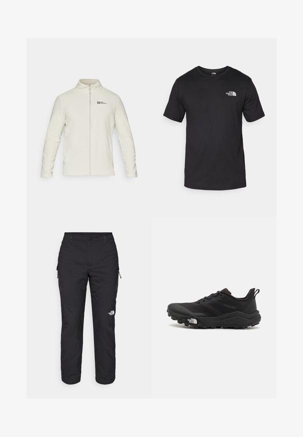 Jack Wolfskin TAUNUS - Flisinė striukė - seal; Juodas trumpas rankovės marškinėliai, pagaminti iš medvilnės, su apvaliu kaklu ir mažu baltu logotipu viršutiniame kairiajame krūtinės kampe.; The North Face WINTER EXPLORATION TAPERED CARGO - Lauko kelnės - black; Juoda bėgimo batai su tekstūruotu paviršiumi, guma padais ir sustiprinta pirštų dalimi. Yra paminkštinta apykaklė ir kilpos, leidžiančios lengvai užsidėti.