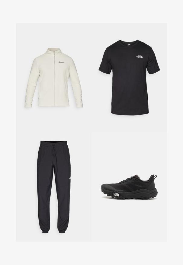 Jack Wolfskin TAUNUS - Giacca in pile - seal; T-shirt nera a maniche corte in cotone, con scollatura rotonda e un piccolo logo bianco nell'area superiore sinistra del petto.; Pantaloni sportivi neri realizzati in tessuto leggero, con vita regolabile con cordino, tasche laterali e orli affusolati alle caviglie.; Scarpa da trail running nera con tomaia texture, suola in gomma e punta rinforzata. Presenta un collare imbottito e un tassello per un indossamento facile.