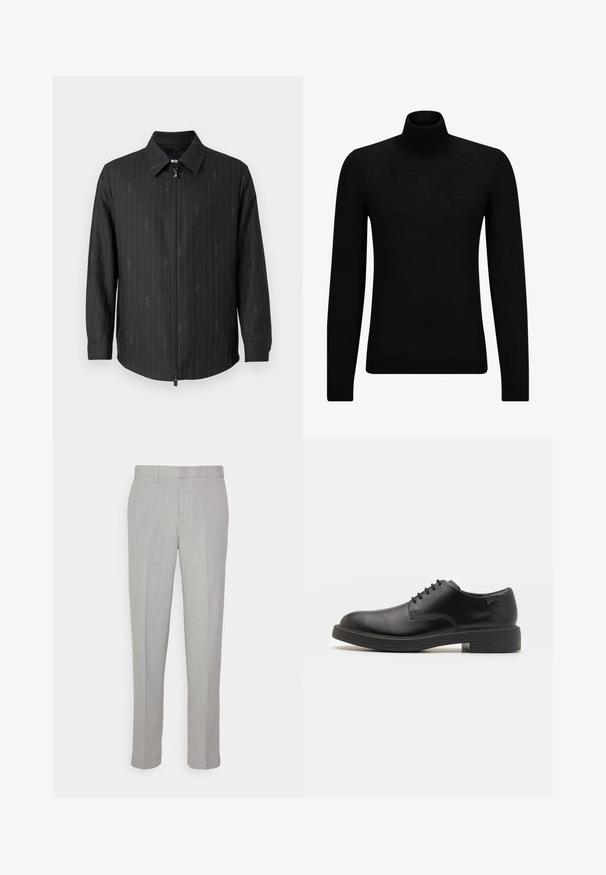 Must mustaga kraeatega, millel on peene pinstripe ja tekstureeritud kangas. Pikad varrukad nööpidega mansettide ja lukuga ees.; Musthave muströid ja pehmest materjalist must turtleneck, millel on pikad varrukad ja tihe istuvus. Ribaga ääris allservas ja vöökohal. Lihtne disain.; Heledad hallid püksid sileda tekstuuriga, lame esiots ja sirged sääred. Valmistatud hingavast kangast, millel on sisepocketid ja vöölõngad.; Must beemel levalis kingad ümarate varvastega, sileda pinnaga, minimaalsete õmblustega ja madala kummist kontsaga. Logo kontsa peal.