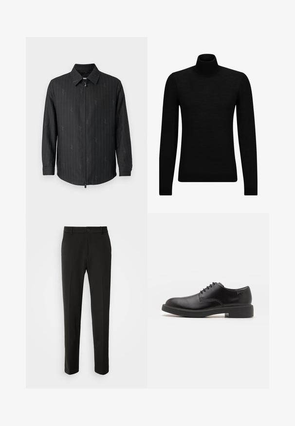 Černá zipová bunda s límcem, která má jemné pruhy a strukturovanou tkaninu. Dlouhé rukávy s knoflíkovými manžetami a zapínání na zip vpředu.; Černý rolák vyrobený z měkkého materiálu, s dlouhými rukávy a těsným střihem. Hladký lem na spodním okraji a manžetách. Jednoduchý design.; Černé kalhoty vyrobené z hladkého materiálu, s rovnými nohavicemi, zapínáním na knoflík a klasickým designem vhodným pro formální i neformální nošení.; Černé kožené šněrovací boty s kulatou špičkou, hladkým povrchem, minimálním prošíváním a nízkým gumovým podpatkem. Logo na patě.