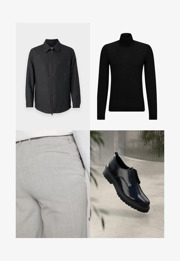 Zwarte zip-up jas met een kraag, voorzien van subtiele streepjes en een gestructureerde stof. Lange mouwen met button cuffs en een ritssluiting aan de voorkant.; Zwarte coltrui van zacht materiaal, met lange mouwen en een snug fit. Geribbelde afwerking aan de onderkant en mouwen. Eenvoudig ontwerp.; Lichtgrijze, op maat gemaakte broek van gestructureerde stof, met een enkele achterzak en nette stiksels.; Zwarte leren schoen met een glanzende afwerking, ronde neus, vetersluiting, contrasterende stiksels en een dikke rubberen zool met profielpatronen.