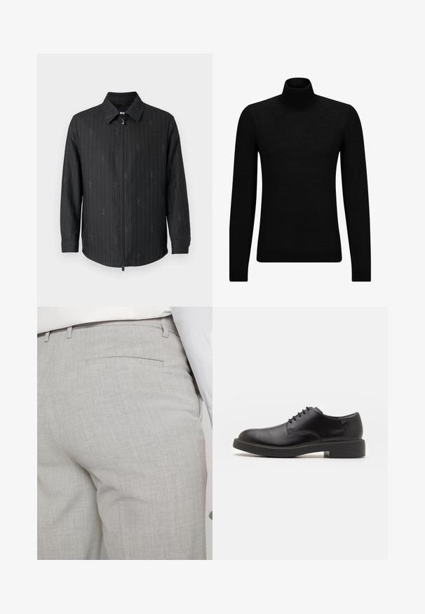 Veste zippée noire avec col, comportant de subtils rayures fines et un tissu texturé. Manches longues avec poignets boutonnés et fermeture éclair à l'avant.; Pull à col roulé noir en matériau doux, avec des manches longues et une coupe ajustée. Finition côtelée au bas et aux poignets. Design simple.; Pantalon gris clair sur mesure en tissu texturé, avec une seule poche arrière et des coutures nettes.; Chaussure noire en cuir à lacets avec un embout arrondi, texture lisse, piqures minimales et un petit talon en caoutchouc. Logo sur le talon.