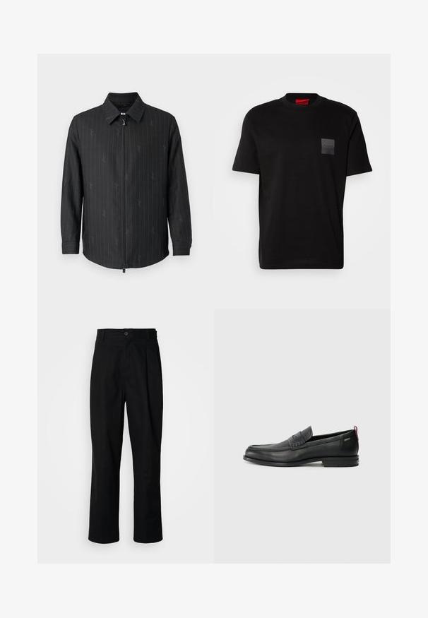 Must mustaga kraeatega, millel on peene pinstripe ja tekstureeritud kangas. Pikad varrukad nööpidega mansettide ja lukuga ees.; Must musta T-särk, millel on ümmargune kaelus, vasakul rinnal on tekstuuriga must päts logoga. Lühikesed varrukad ja lõdva lõikega.; Mustad sirged püksid nuppudega vöökoht, vöölõngad ja eesmine voldik, esitatud lihtsa valge tausta ees.; Mustad mustad nahast loafers tekstuuriga esipaneeli ja siledate külgedega. Omab peent kand ja tagumist silmust lihtsaks selga panemiseks. Klassikaline disain.