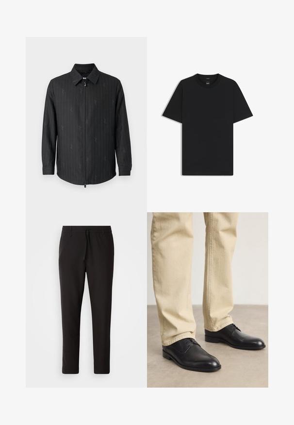 Black zip-up jacket with a collar, featuring subtle pinstripes and a textured fabric. Long sleeves with buttoned cuffs and a zipped front.; Black short-sleeve T-shirt made from a smooth cotton blend, featuring a crew neckline and a minimalistic design with no patterns or accents.; Black jogger pants made of smooth fabric. Feature an elastic waistband with a drawstring, tapered legs, and no visible pockets. Simple design.; Black leather lace-up shoes with a rounded toe, smooth finish, and subtle stitching details, worn with light beige pants.