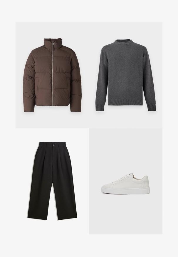 Hnědá péřová bunda s vysokým límcem, předním zipem a prošívanou texturou. Obsahuje dvě boční kapsy a mírně zkrácený střih.; Šedý pletený svetr s kulatým výstřihem, dlouhými rukávy a žebrovanými manžetami a lemem. Měkká textura s hladkým povrchem. Jednoduchý, moderní design.; Černé kalhoty s uvolněným střihem, s průhyby v přední části, bočními kapsami a zapínáním na knoflík. Vyrobené z texturované látky.; Bílé kožené nízké tenisky s kulatou špičkou, plochou bílou gumovou podrážkou a minimalistickým detailem prošívání. Tkaničky upevněné skrze šest očíček.