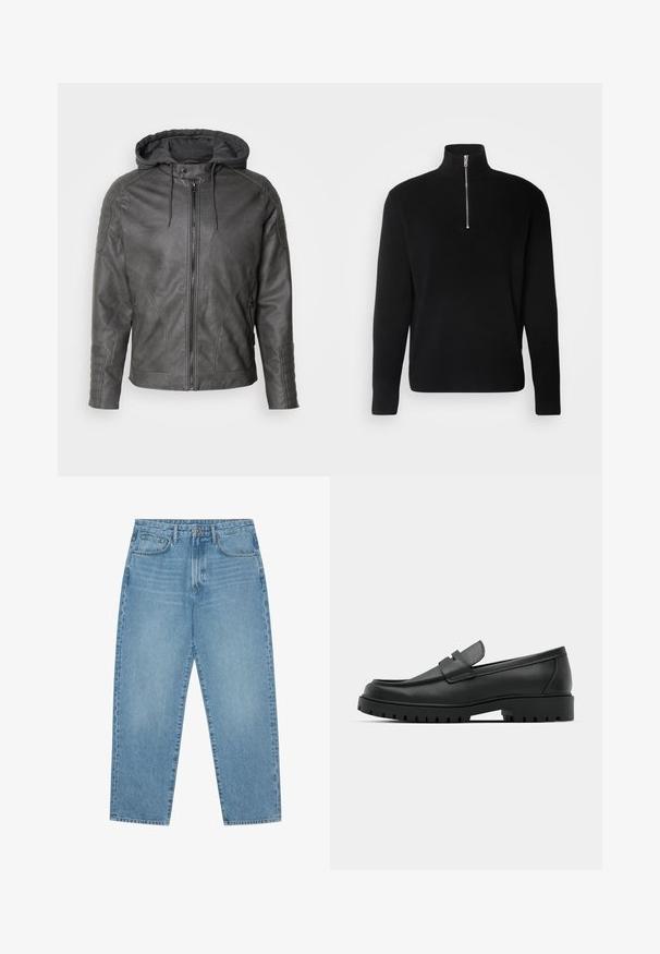 Veste en cuir grise avec capuche grise amovible, fermeture éclair à l'avant et accents côtelés sur les épaules et les poignets. Texture lisse, design épuré.; Lindbergh HALF ZIP - Pullover - black; Jean large en denim bleu clair avec taille haute, dotés de cinq poches, passants de ceinture et d'une texture douce légèrement délavée.; Mocassins en cuir noir à bout arrondi, avec un design cousu, une semelle plateforme basse et une semelle en caoutchouc texturée et crantée.