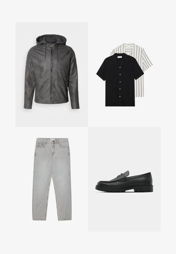 Szara skórzana kurtka z odłączanym szarym kapturem, przednim zamkiem i żebrowanymi akcentami na ramionach i mankietach. Gładka tekstura, opływowy design.; Dwie koszule z krótkim rękawem: jedna w solidnej czerni, druga biała w czarne pionowe paski. Obie mają zapięcie na guziki i klasyczny kołnierzyk.; Jasnoszare dżinsy o prostym kroju nogawki, z pięcioma kieszeniami i zapięciem na guzik. Widoczne szwy wzdłuż szwów.; Czarne skórzane mokasyny z zaokrąglonym noskiem, posiadające przeszywany wzór, niską platformę oraz teksturowaną, gumową podeszwę z bieżnikiem.