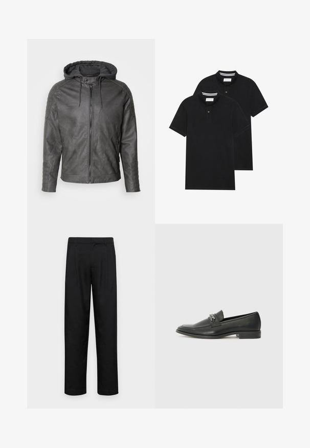 Veste en cuir grise avec capuche grise amovible, fermeture éclair à l'avant et accents côtelés sur les épaules et les poignets. Texture lisse, design épuré.; Deux polos noirs, à manches courtes, en coton, avec un col classique, une patte de boutonnage à deux boutons, et des accents rayés blancs à l'intérieur du col.; Pantalons noirs en tissu lisse, avec une coupe droite, deux plis avant et une taille standard avec passants de ceinture.; Mocassin en cuir noir avec une finition lisse, présentant un design cousu et une accent décoratif en chaîne métallique sur le rand. Talon plat.