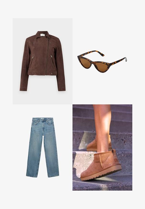 Braune Wildleder-Motorradjacke mit durchgehendem Reißverschluss, Druckknopfkragen, zwei seitlichen Reißverschlusstaschen und Knopf-Akzenten am Saum. Glatte Textur.; Beige Rollkragenpullover aus weichem Material, mit geripptem Kragen und Säumen, lässiger Passform und langen Ärmeln. Glatte Textur, minimalistisches Design.; Hellblaue Jeans aus Denim mit geradem Bein, hoher Taille, fünf Taschen und Kontrastnähten. Keine Verzierungen oder Muster vorhanden.; Beige Wildleder-Ankelstiefel mit weicher Textur, gesteppten Details und einer Gummisohle, ausgestattet mit einer Schlaufe an der Ferse für einfaches An- und Ausziehen.; Katzenaugen-Sonnenbrille mit einem schwarz-orangenen Schildpattrahmen, braunen Gläsern und schlanken, spitzen Enden. Verfügt über ein minimalistisches Logo am Bügel.
