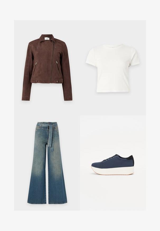 Chaqueta de motociclista de ante marrón con cremallera frontal, cuello con botones a presión, dos bolsillos laterales con cremallera y detalles de botones en el dobladillo. Textura suave.; Camiseta corta blanca de algodón con mangas cortas, cuello redondo y dobladillo recto, con una textura suave y un diseño minimalista.; Pantalones de mezclilla de pierna ancha con un degradado de azul claro a oscuro, cintura alta, trabillas para cinturón y un cinturón de tela a juego. Acabado de mezclilla texturizada.; Zapatilla de color azul marino con parte superior de tejido texturizado, suela de plataforma blanca, punta redondeada y acento en el talón negro. Cuenta con seis ojales para los cordones.