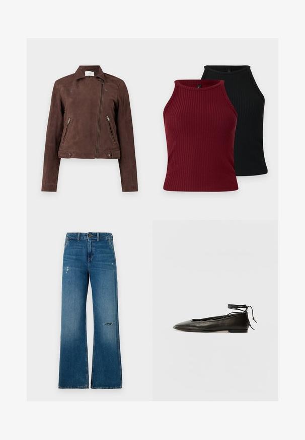 Veste de moto en daim marron avec un zip à l'avant, un col à pression, deux poches latérales avec zip et des accents de bouton sur l'ourlet. Texture lisse.; Deux débardeurs côtelés : un bordeaux et un noir. Tous deux présentent un col montant, une coupe ajustée et une texture lisse.; Jean en denim bleu à jambes larges avec une texture délavée, présentant deux zones usées sur le devant, une fermeture à bouton et un design à cinq poches.; Ballerines noires en cuir avec un bout pointu, une attache à la cheville et une semelle plate, caractérisées par une texture lisse et un design minimaliste.