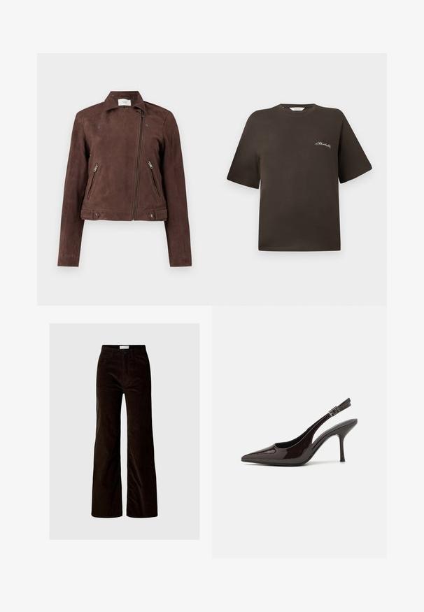 Smeđa sued jakna za motocikl s patentnim zatvaračem na prednjoj strani, kopčanjem na ovratniku, dva bočna džepa sa patentnim zatvaračem i gumbima na rubu. Glatka tekstura.; Smeđa pamuk majica s kratkim rukavima, opuštenog kroja, okruglog izreza, sa malim bijelim vezivom na lijevoj strani prsnog dijela.; Tamno smeđe visokotalasaste široke hlače od kordura s prednjim dugmetom, zatvaranjem na zip i bočnim i stražnjim džepovima, na jednoličnoj svijetloj pozadini.; Sandalice na visokom potpetici od sjajnog tamnosmeđeg lakiranog kože, s oštrim vrhom, otvorenim stranama i podesivom naramenicom.