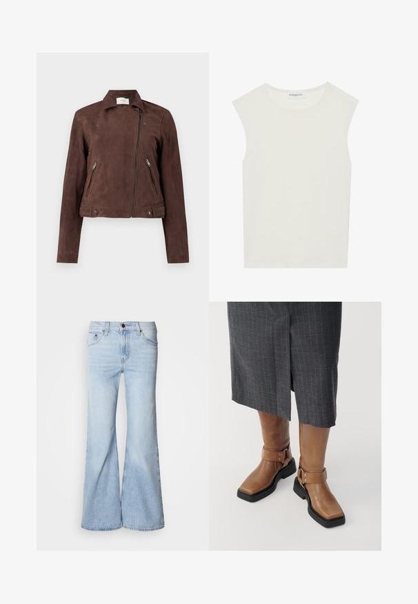 Bruine suède motorjack met een rits aan de voorkant, knoopkraag, twee zijzakken met rits en knoopaccenten aan de zoom. Soepele structuur.; Witte mouwloze top met een ronde halslijn. Gemaakt van gladde stof, het heeft een losse pasvorm en een minimalistisch ontwerp. Geen patronen of accenten.; Lichtblauwe flare jeans met een hoge taille, gemaakt van denim, voorzien van vijf zakken en een knoopsluiting. De pijpen zijn wijd en hebben een licht vervaagde afwerking.; Bruine leren kniehoge laarzen met een vierkante neus, zwarte rubberen zool en verstelbare gespsluiting. Draagt bij een grijze streeprok.